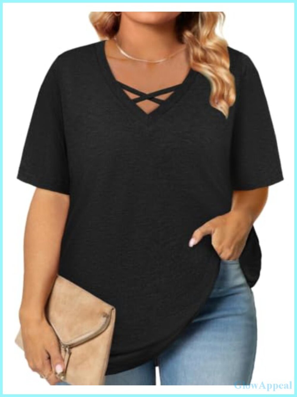 Womens Plus Size V-Neck Criss Cross Tunic Top Short Sleeve Summer Shirt